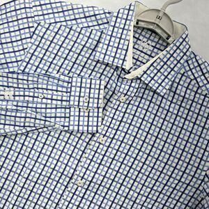 Bugatchi Mens Large Striped Blue White Long Sleeve Button Front Shirt Grid Check